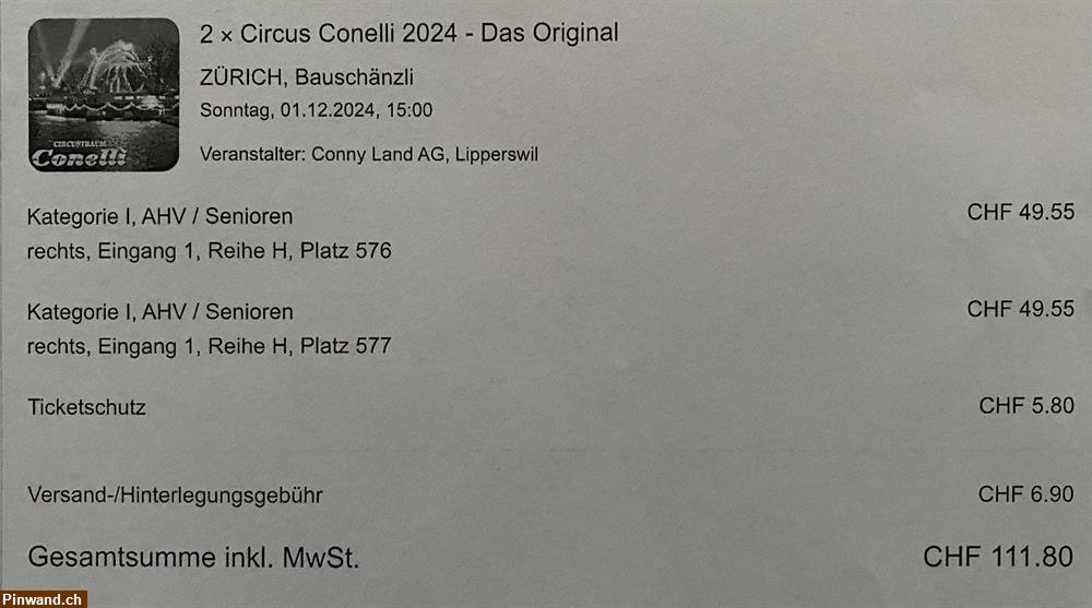 Bild 2: 2 Senioren Tickets für Circus Conelli am 1. Dez. 2024 zu verkaufen